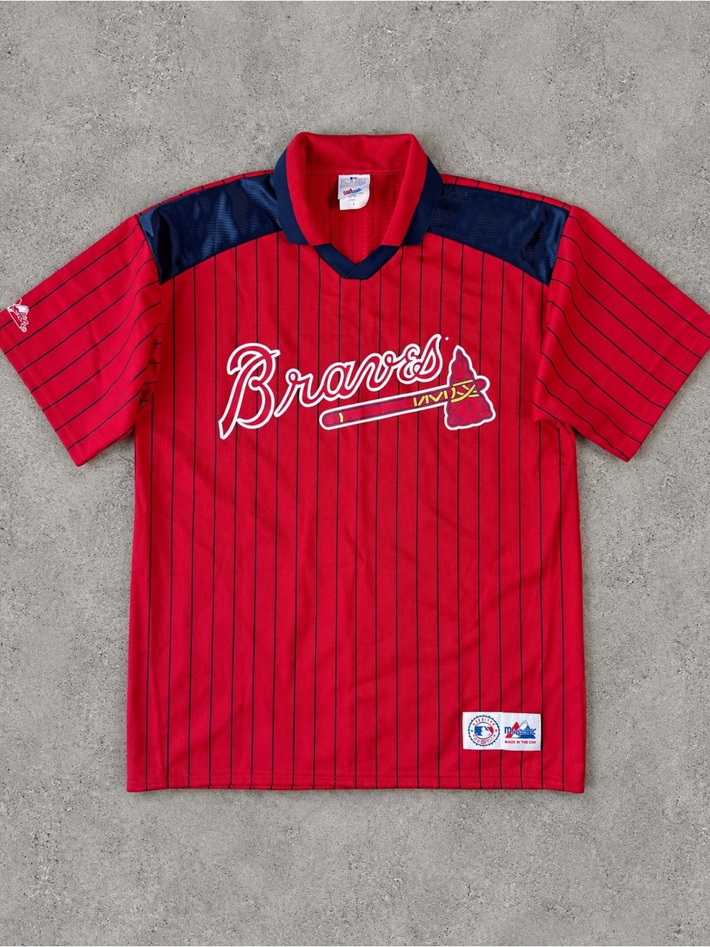 VTG 90s 80s Majestic Men Atlanta Braves Red Pinstripes Baseball Jersey LARGE